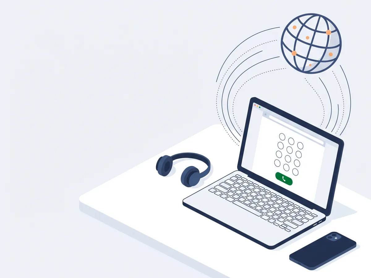 Illustration: Laptop mit Wähltastatur im Browser und Anruftaste, daneben ein Headset, das Smartphone liegt ungenutzt auf dem Tisch