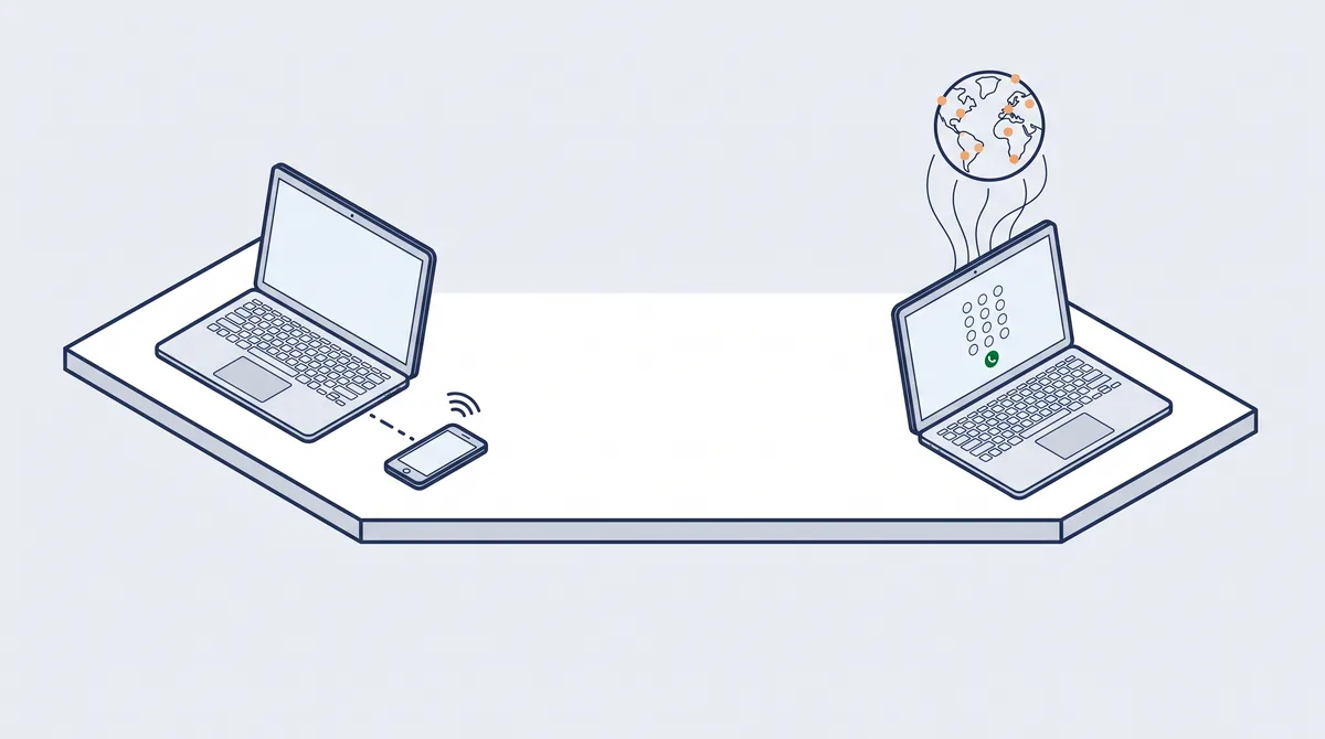 Illustration: links ein Laptop, der über ein Smartphone daneben telefoniert, rechts ein Laptop, der allein aus dem Browser telefoniert