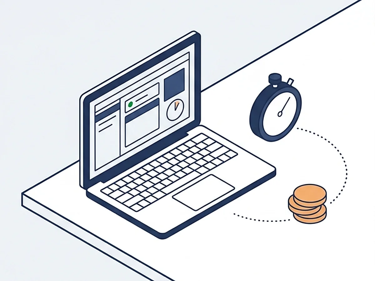 Illustration: Laptop mit Gesprächszeit-Anzeige, daneben eine Stoppuhr und ein kleiner Münzstapel – Abrechnung pro Sekunde